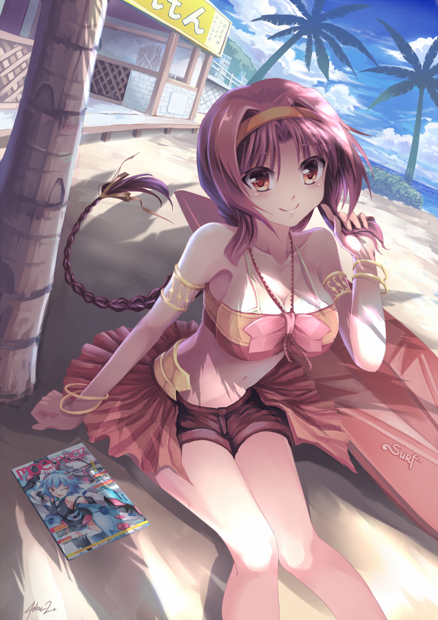 beach, braid, breasts, brown_eyes, brown_hair, cleavage, d-frag!, hairband