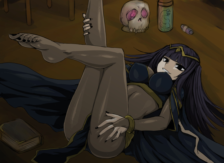 1girl, black_eyes, black_hair, bodysuit, bracelet, breasts, cuffs, feet, fire_emblem, fire_emblem:_kakusei, grin, hair_ornament, jewelry, kitsune-tsuki_(getter), legs, legs_up, long_hair, lying, on_back, see-through, skull, smile, snake, solo, tharja