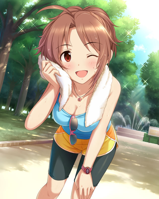 1girl, ;d, ahoge, artist_request, breasts, brown_hair, cleavage, idolmaster