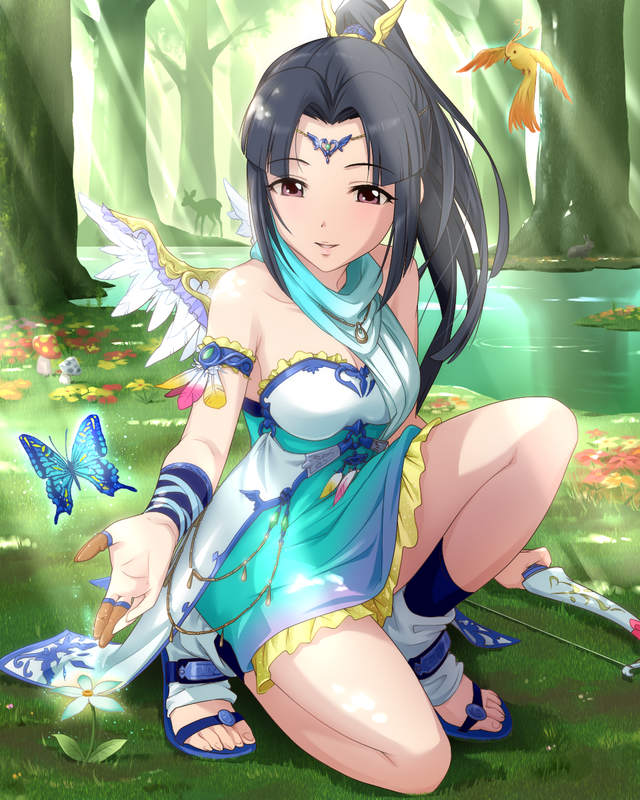 1girl, black_hair, butterfly, circlet, flower, idolmaster, idolmaster_cinderella_girls, long_hair