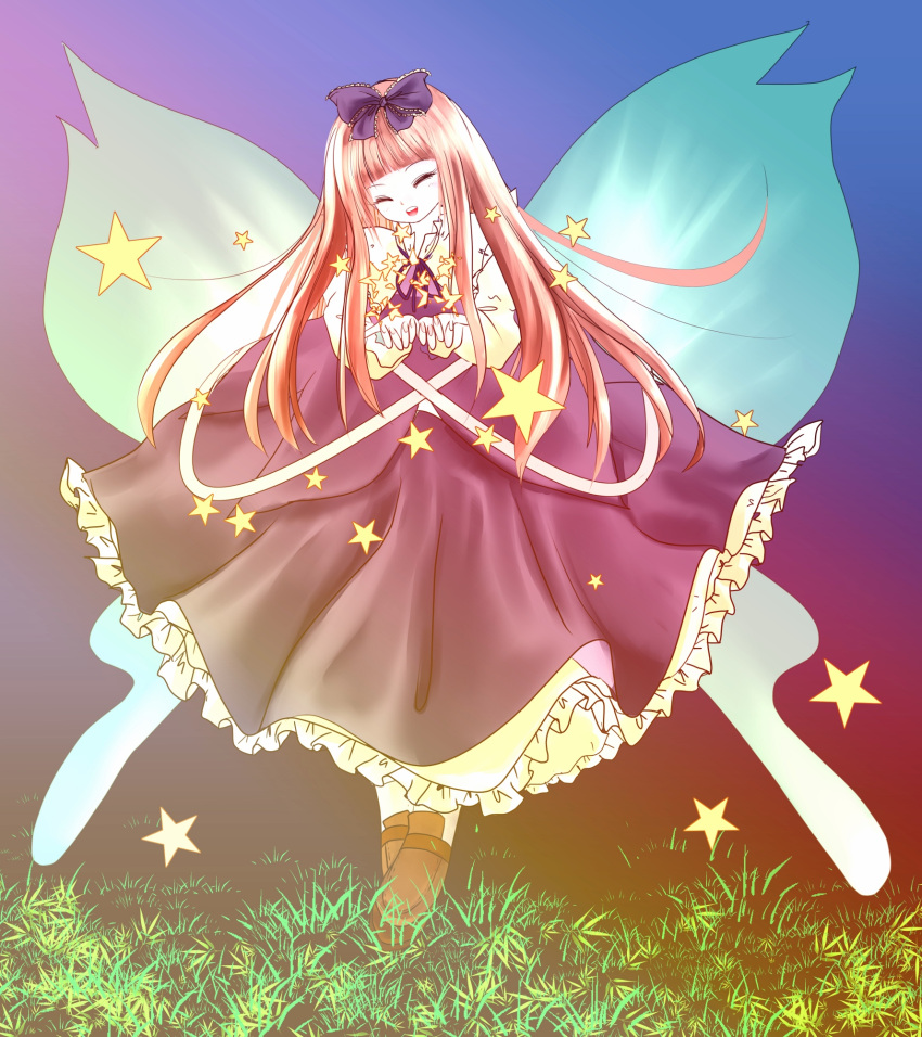 1girl, bow, capelet, closed_eyes, dress, facing_viewer, fairy_wings, fingernails