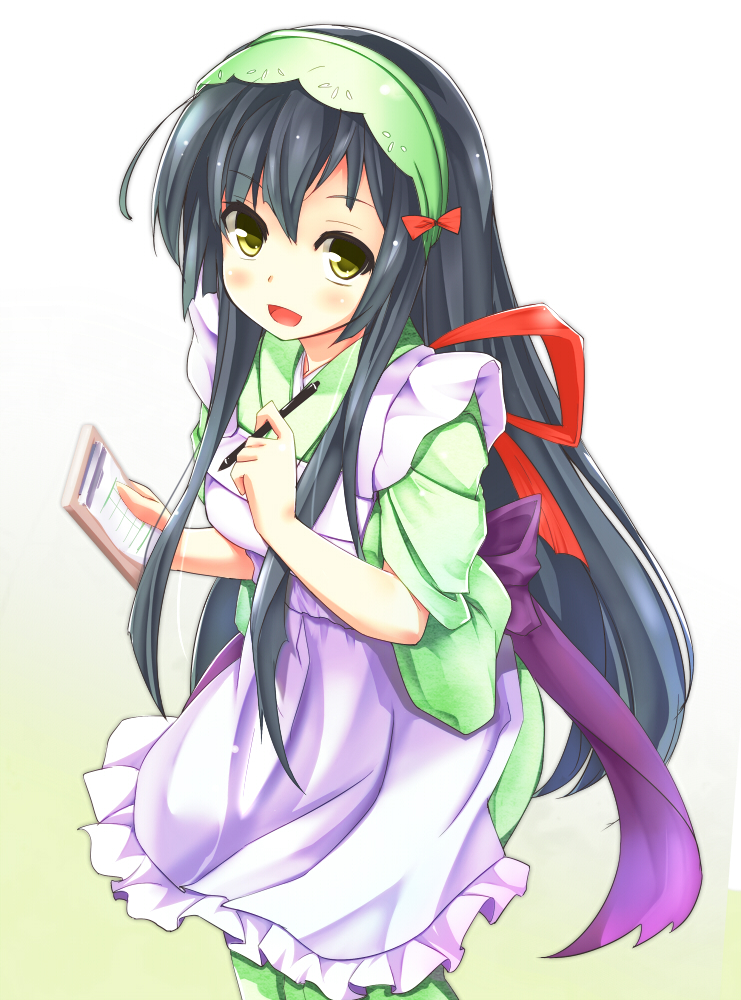 apron, black_hair, blush, green_eyes, headdress, kimono, long_hair, maid, notebook, tohoku_zunko, voice, voiceroid