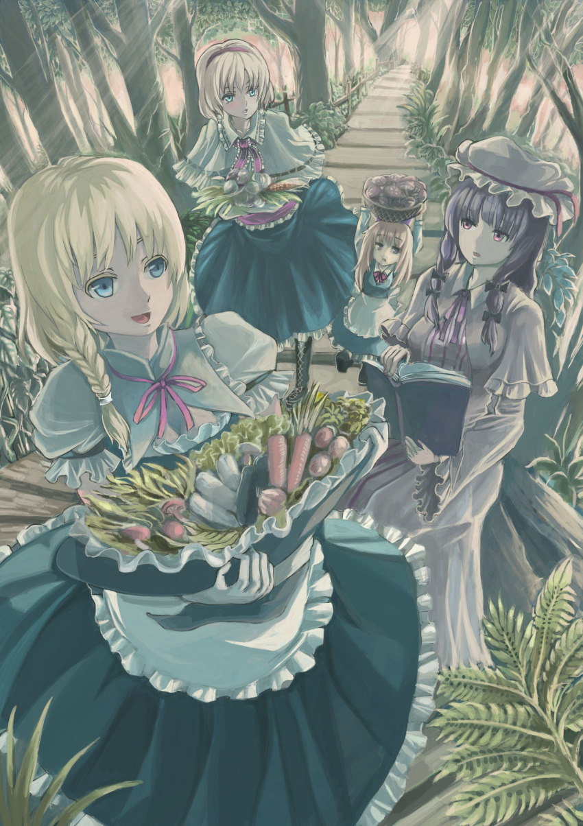 3girls, absurdres, alice_margatroid, apron, blonde_hair, blue_eyes, book, bow