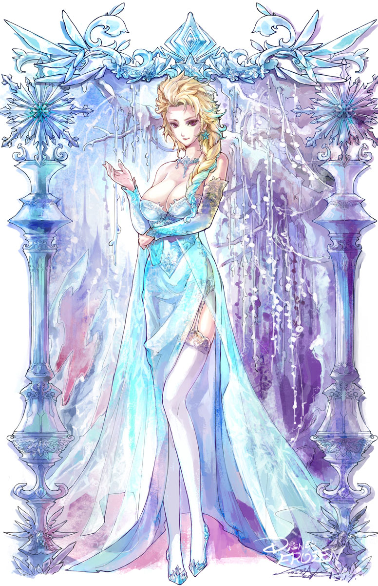 1girl, bare_shoulders, blonde_hair, blue_dress, breasts, brown_eyes, cleavage, dated