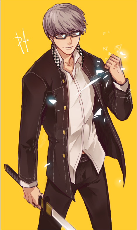 1boy, black-framed_glasses, dgx_(hovan), glasses, grey_hair, houndstooth, katana, narukami_yuu