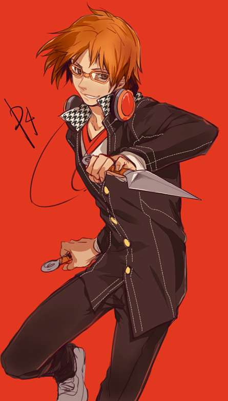 1boy, brown_hair, dgx_(hovan), glasses, hanamura_yousuke, headphones, headphones_around_neck, houndstooth, kunai, orange-framed_glasses, persona, persona_4, red_background, reverse_grip, school_uniform, short_hair, solo, v-neck, weapon
