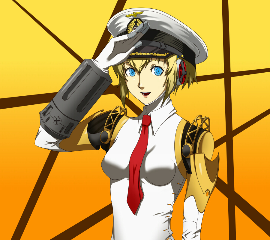 1girl, aegis, android, blonde_hair, blue_eyes, hat, kamui_sathi, necktie