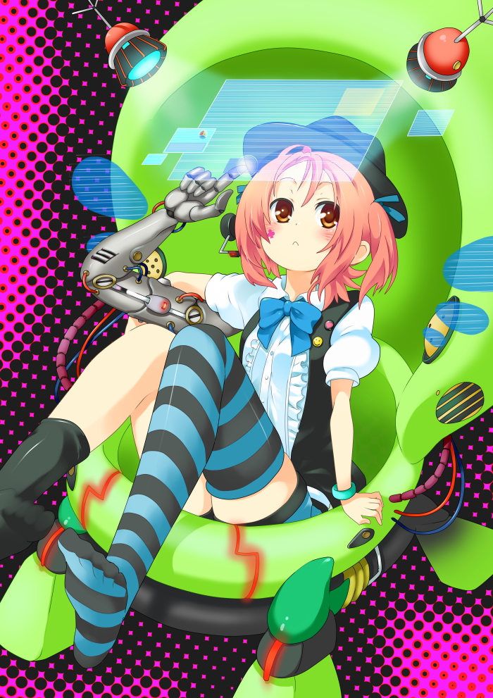 brown_eyes, brown_hair, button_badge, fedora, hat, holographic_interface, mitsuki_meiya, robot_arm