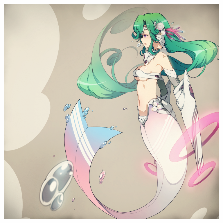 1girl, bare_shoulders, breasts, bubble, green_hair, hair_ornament, long_hair, mecha_musume, mermaid, monster_girl, navel, neris, painpa, panel_de_pon, profile, solo, under_boob, very_long_hair, violet_eyes