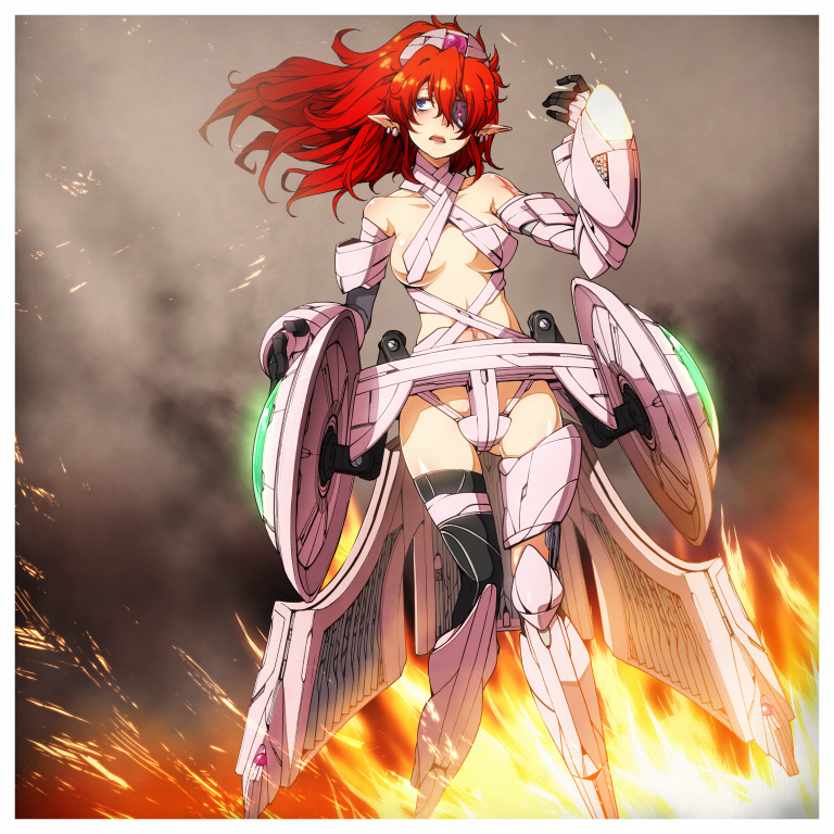 1girl, black_gloves, blue_eyes, breasts, earrings, eyepatch, fire, flare_(panel_de_pon)