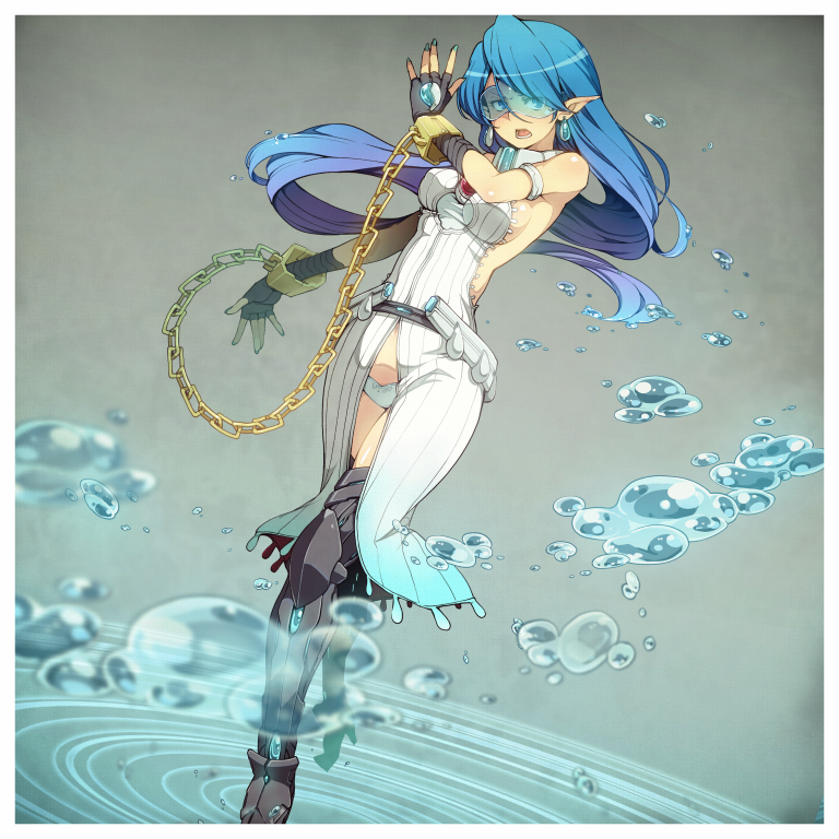 1girl, armlet, black_legwear, blue_hair, boots, breasts, chain, cuffs