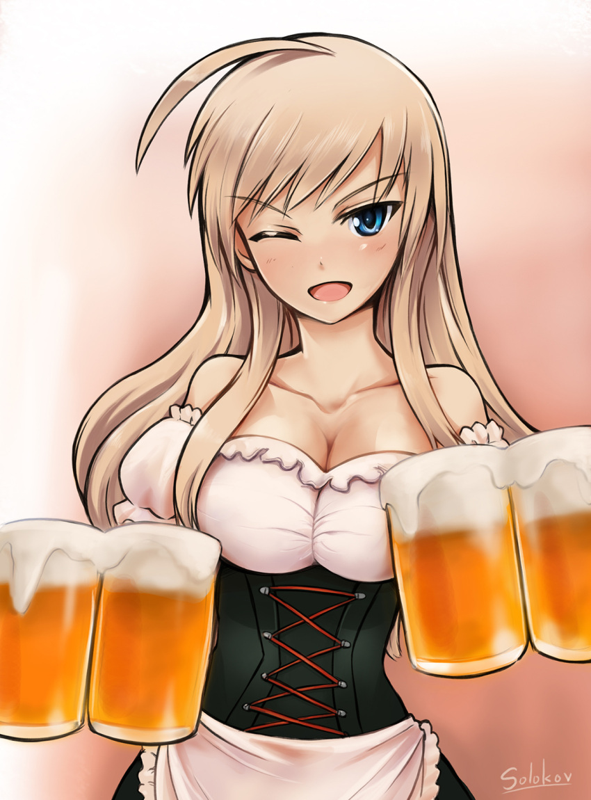 1girl, ahoge, alcohol, beer, blonde_hair, blue_eyes, breasts, cleavage