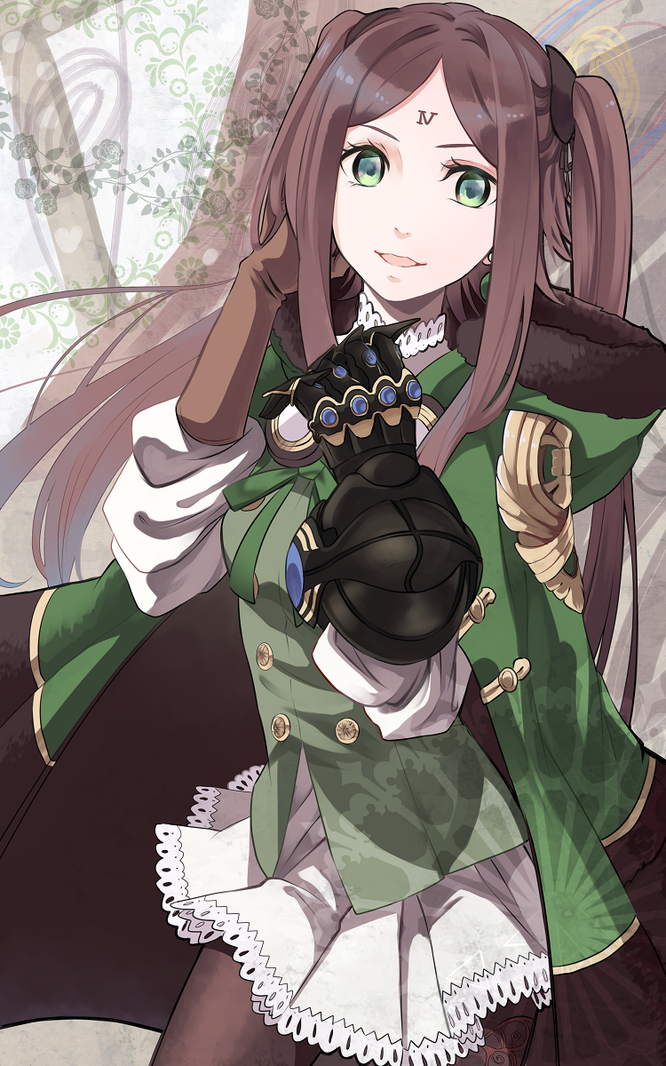 1girl, :d, asymmetric_gloves, brown_hair, drag-on_dragoon_3, four_(drag-on_dragoon), fur_trim, gauntlets