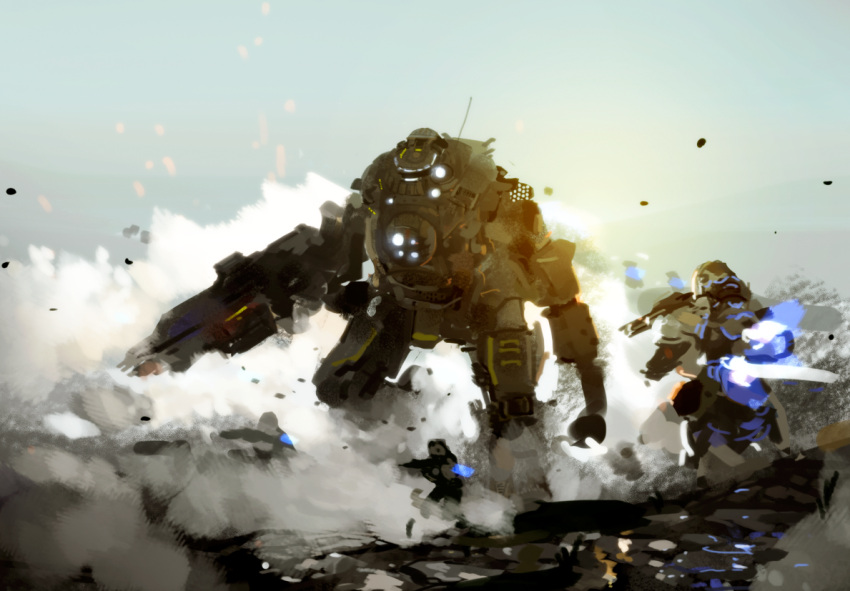 3boys, atlas_(titanfall), dust, jetpack, mecha, multiple_boys, onaminnjinn, titanfall