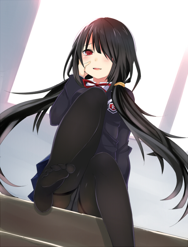 1girl, black_hair, black_legwear, blush, crotch_seam, date_a_live, feet, hair_over_one_eye