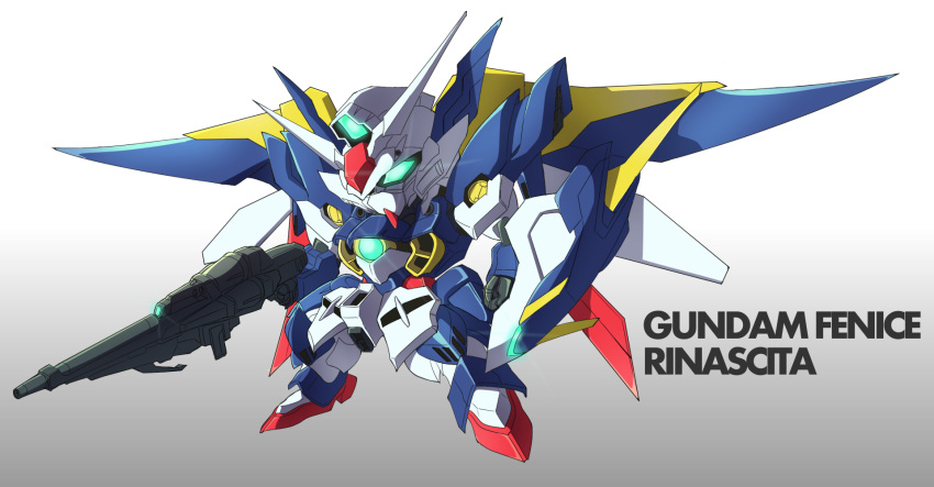 alternate_color, character_name, chibi, energy_gun, green_eyes, gun, gundam, gundam_build_fighters
