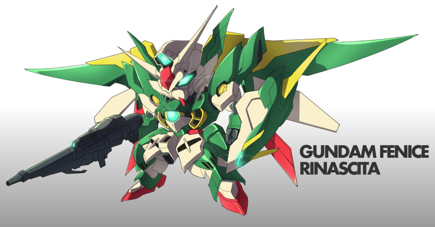character_name, chibi, energy_gun, green_eyes, gun, gundam, gundam_build_fighters, highres, mecha, no_humans, shield, solo, weapon, wing_gundam_fenice_rinascita