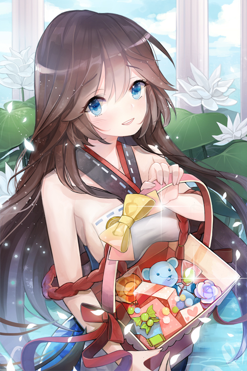 1girl, bare_shoulders, basket, bear, black_hair, blue_eyes, blush, breasts