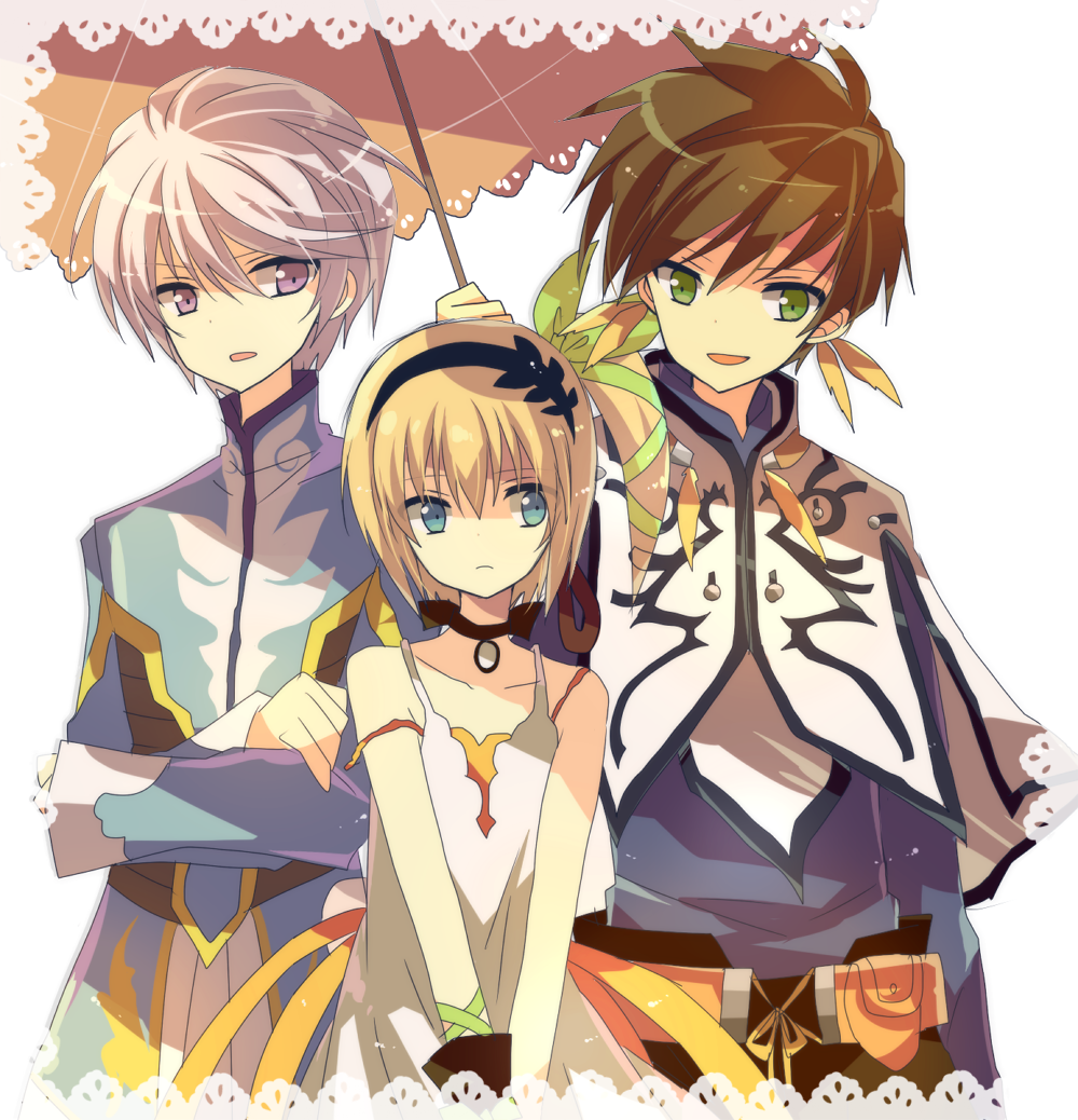 1girl, 2boys, blonde_hair, blue_eyes, brown_hair, capelet, choker, crossed_arms