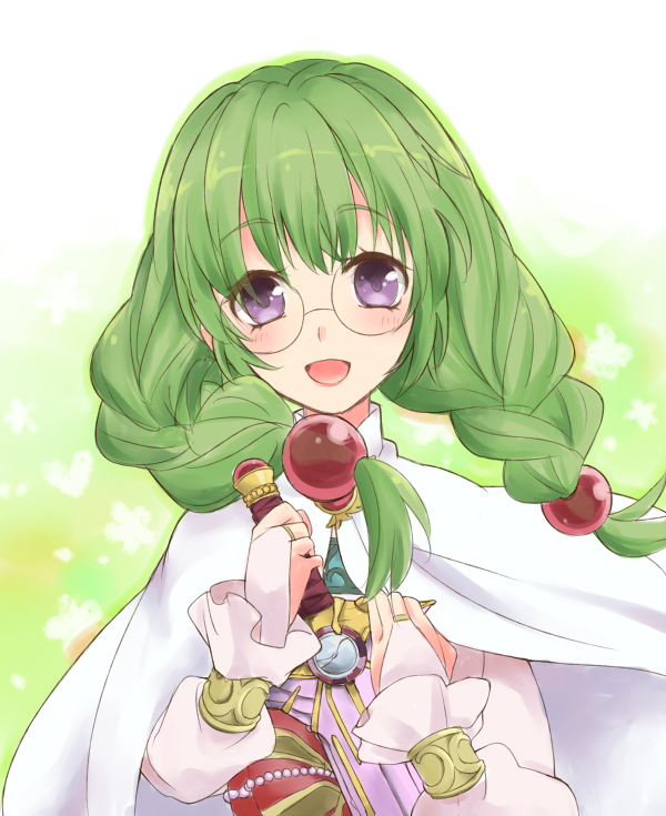 1girl, :d, bracelet, braid, cape, glasses, gradient, gradient_background