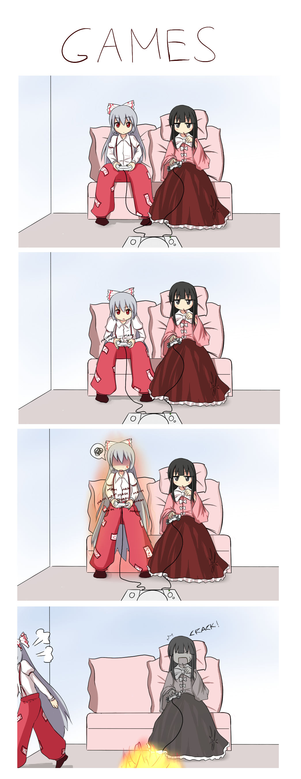 angry, black_eyes, black_hair, comic, english, fire, fujiwara_no_mokou, grey_hair