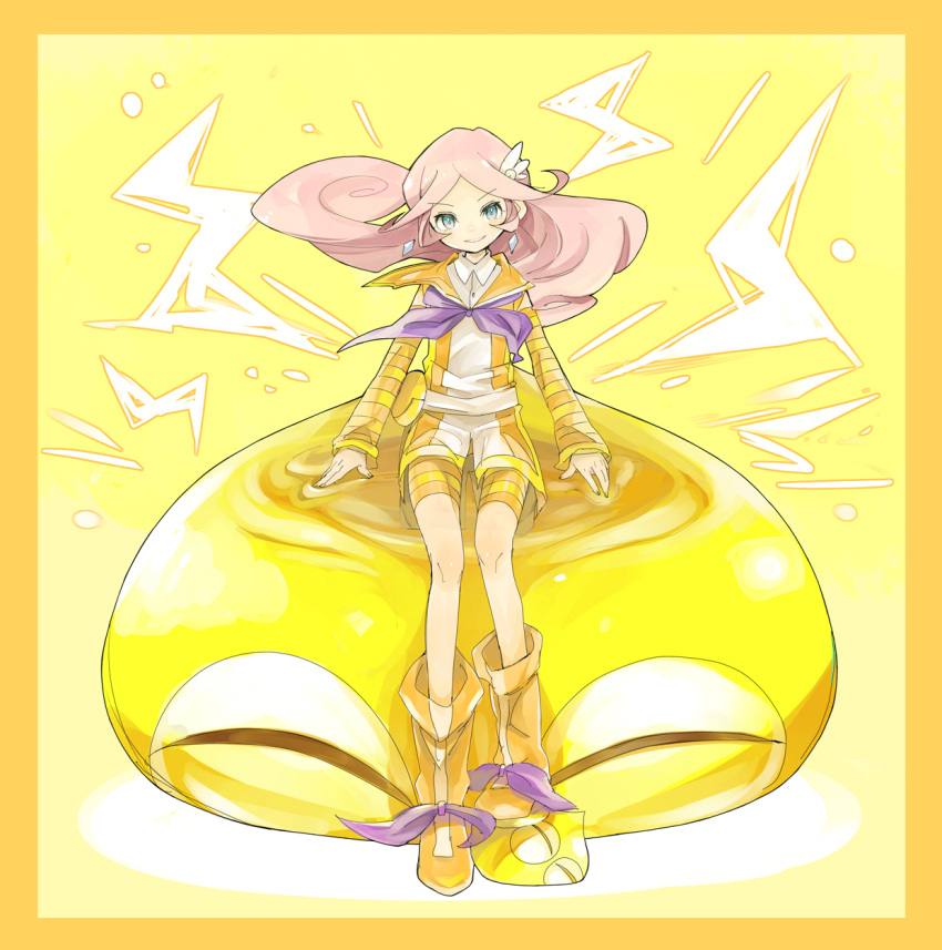 1girl, blob, blue_eyes, boots, highres, jacket, long_hair, nobara_(konnttaku), pink_hair, puyo_(puyopuyo), puyopuyo, puyopuyo_fever, raffine, shorts, sitting, smile, yellow, yellow_background, yellow_border