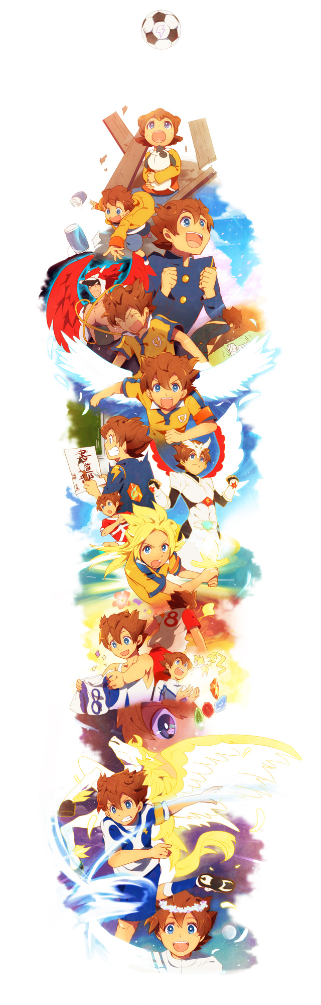 1boy, armband, blonde_hair, blue_eyes, brown_hair, calligraphy_brush, closed_eyes, clouds