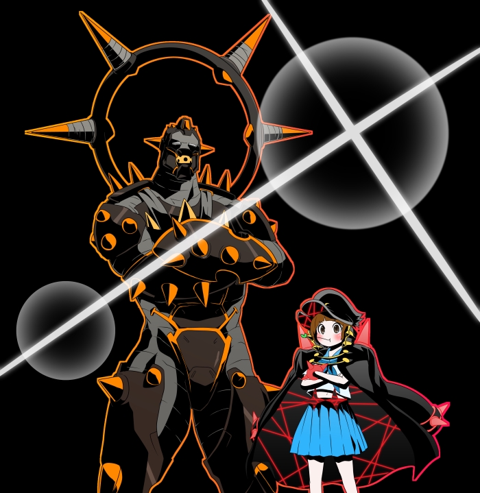 1boy, 1girl, armor, banchou, black_background, blue_skirt, brown_eyes, brown_hair