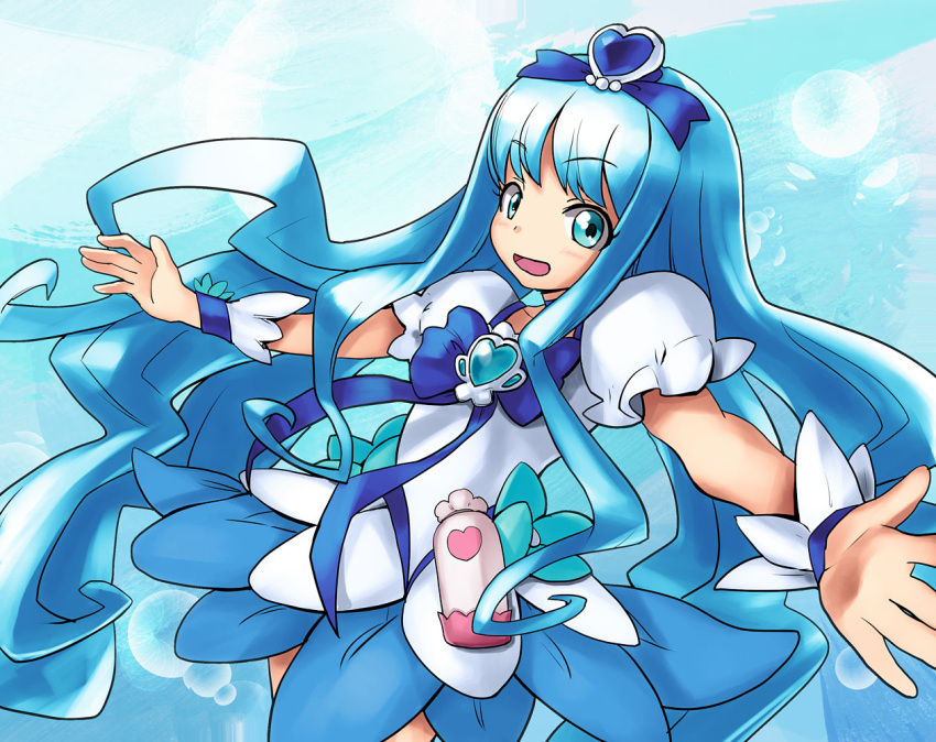 1girl, blue, blue_background, blue_eyes, blue_hair, blue_skirt, bow, brooch