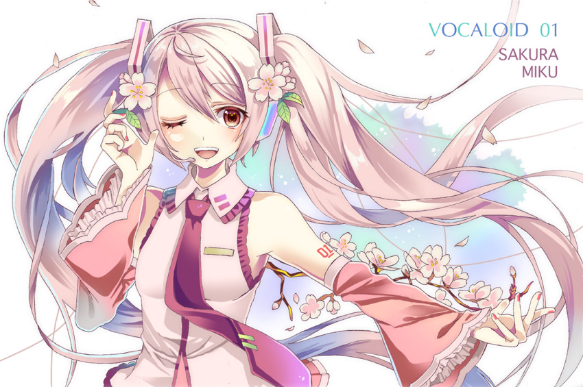 1girl, character_name, detached_sleeves, floating_hair, flower, hair_flower, hair_ornament, hatsune_miku