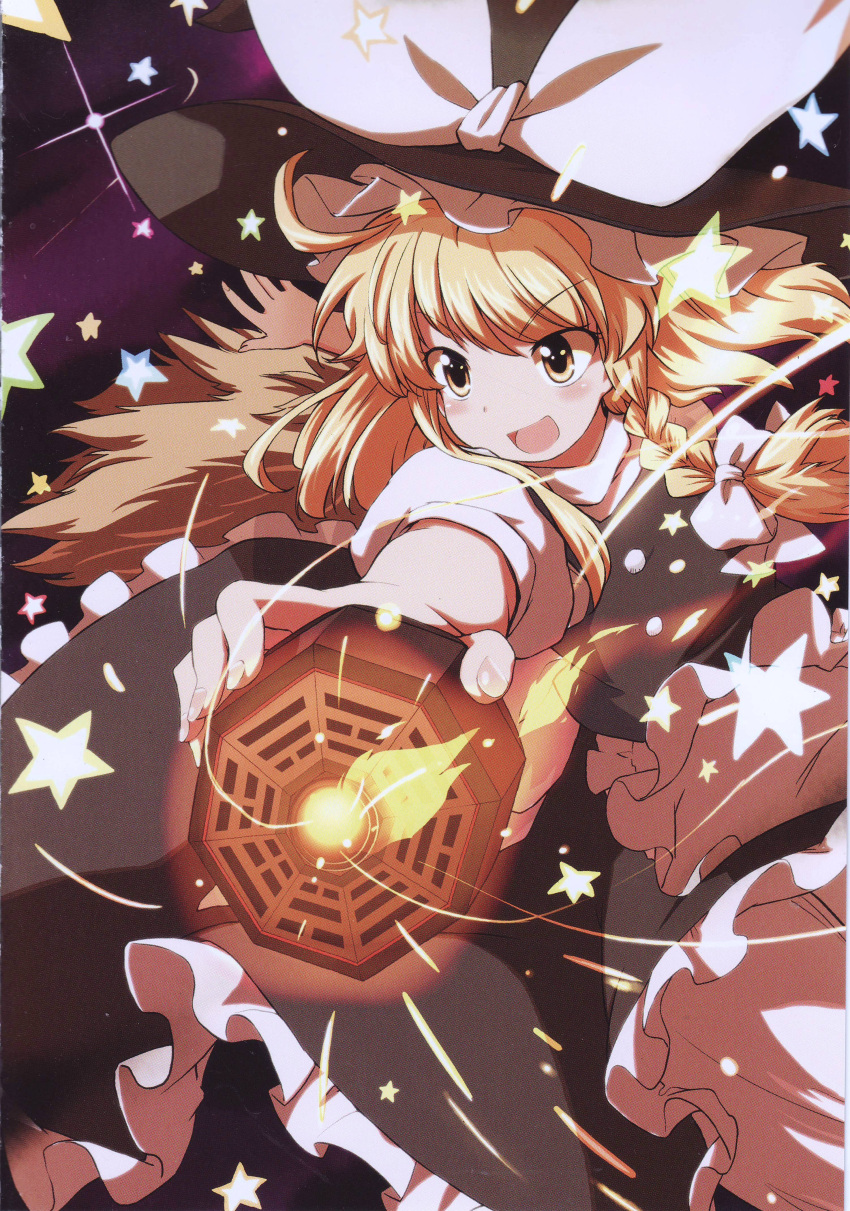 1girl, absurdres, blonde_hair, bow, braid, fire, hair_bow, hat