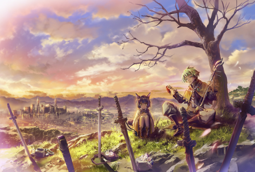 1boy, 1girl, animal_ears, bag, bow_(instrument), braid, cape, castle