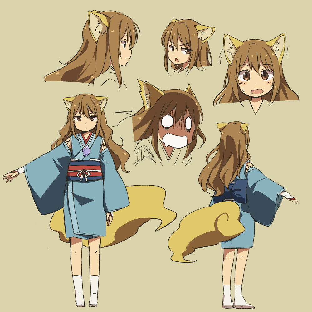 1girl, animal_ears, blue_dress, brown_eyes, brown_hair, character_request, detached_sleeves, dress