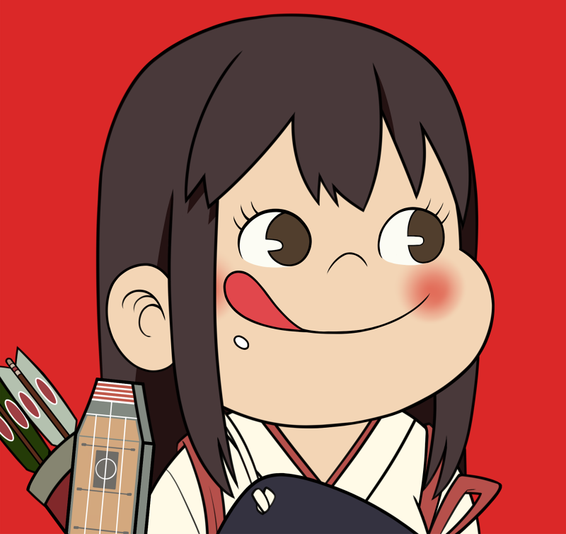 1girl, :q, akagi_(kantai_collection), arrow, blush, brown_hair, face, flight_deck