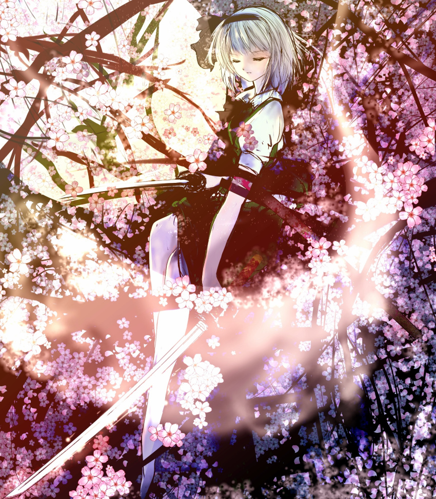 1girl, cherry_blossoms, closed_eyes, eyelashes, full_moon, hair_ribbon, highres, in_tree