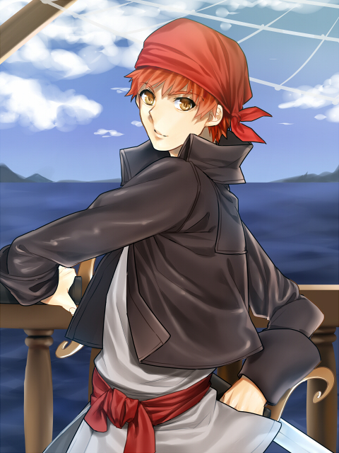 1boy, bandana, emiya_shirou, fate/stay_night, fate_(series), male, mitsuki_mitsuno, ocean, orange_eyes, pirate, redhead, solo