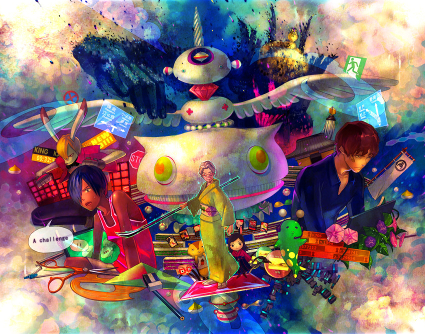 compass, eraser, flag, glasses, headphones, ikezawa_kazuma, japanese_clothes, jinnouchi_sakae