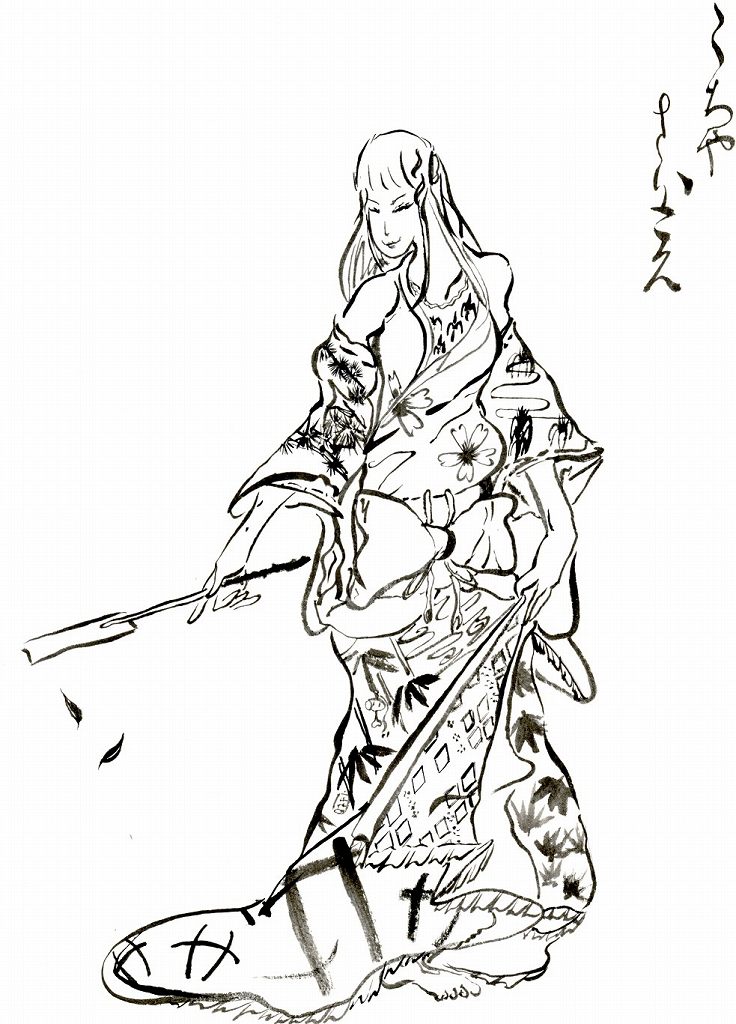 bad_id, bijinga, brush_(medium), detached_sleeves, fine_art_parody, gohei, greyscale, hornchameleon