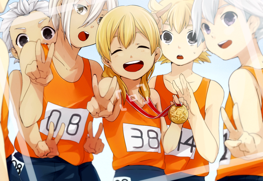 5boys, black_eyes, blonde_hair, brown_eyes, closed_eyes, double_v, hayami_maya, inazuma_eleven