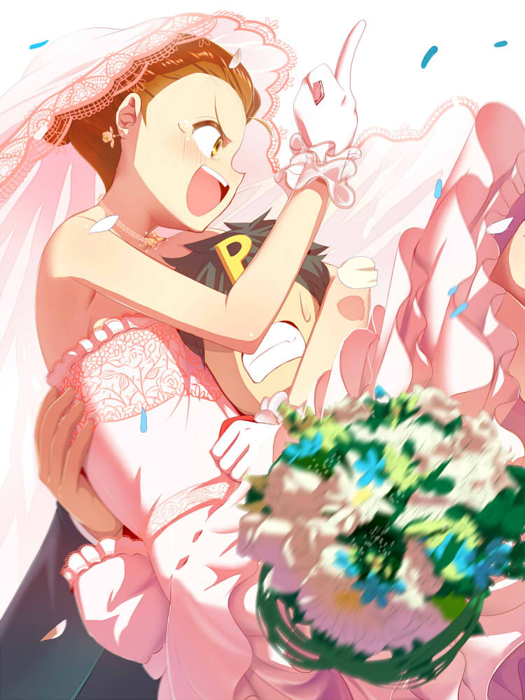 1boy, 1girl, arm_around_neck, bare_shoulders, black_hair, blurry, blush, bouquet, brown_eyes, brown_hair, carrying, confetti, depth_of_field, dress, earrings, flower, gloves, hair_up, halo0001, idolmaster, jewelry, middle_finger, minase_iori, necklace, open_mouth, pink_dress, pink_gloves, producer_(idolmaster), strapless_dress, tears, veil, wedding_dress