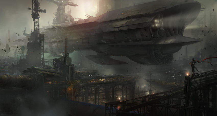 airship, artist_request, bird, cannon, cyberpunk, epic, flying_battleship_balrog, gunbuster_pose