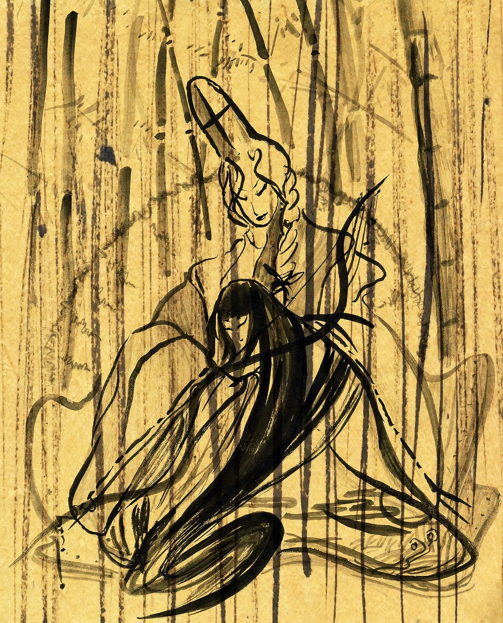bad_id, bamboo, bamboo_forest, brush_(medium), closed_eyes, fine_art_parody, forest, highres