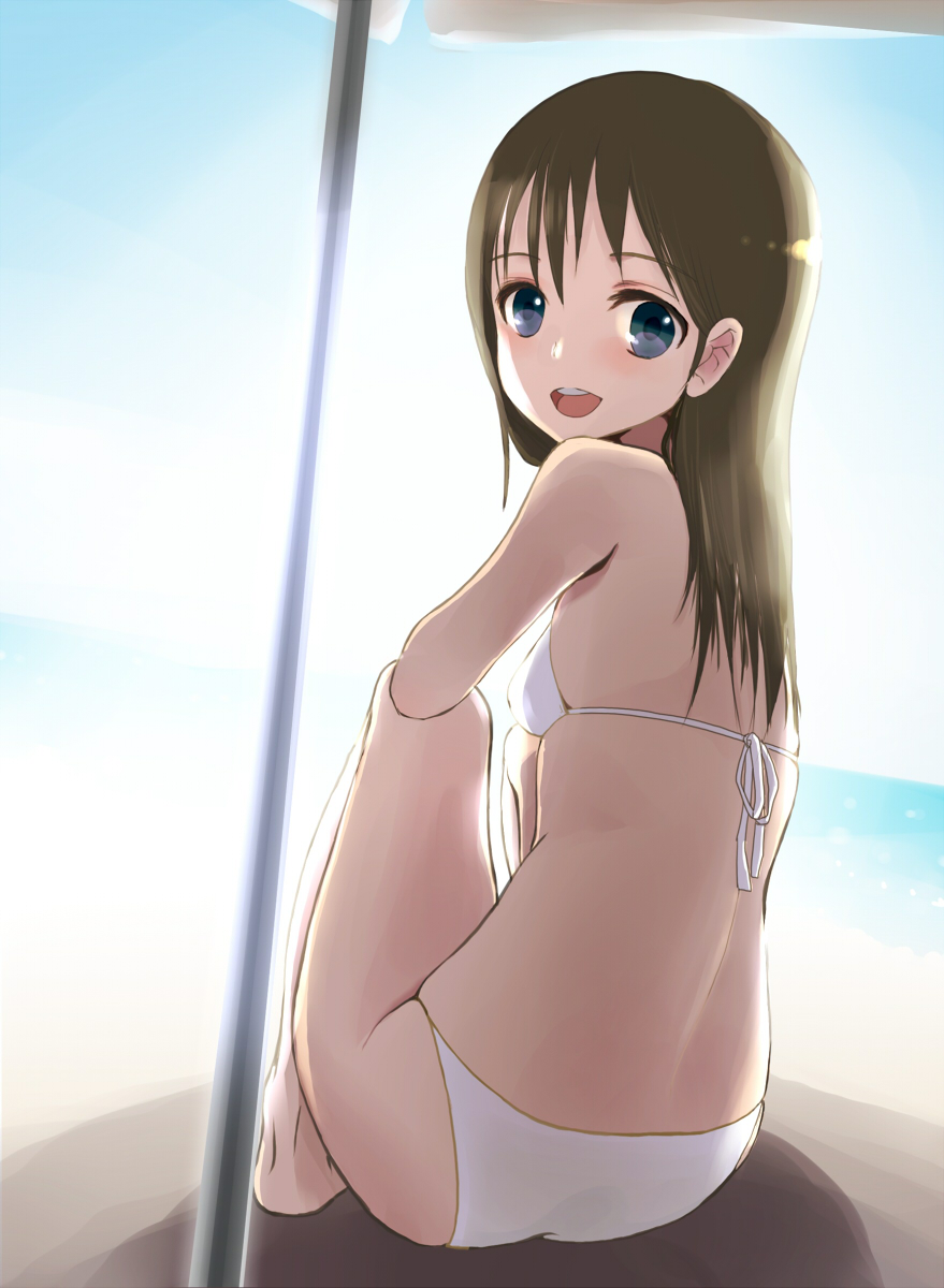 bikini, black_eyes, brown_hair, from_behind, highres, looking_back, original, sitting