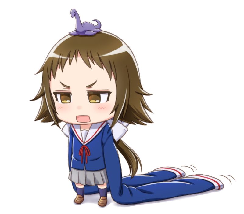 1girl, blush, bow, brown_eyes, brown_hair, chibi, dinosaur, full_body