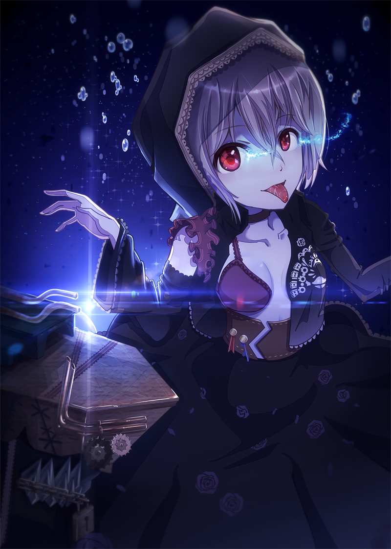 1girl, choker, frills, glowing, glowing_eyes, hood, kantai_collection, long_sleeves