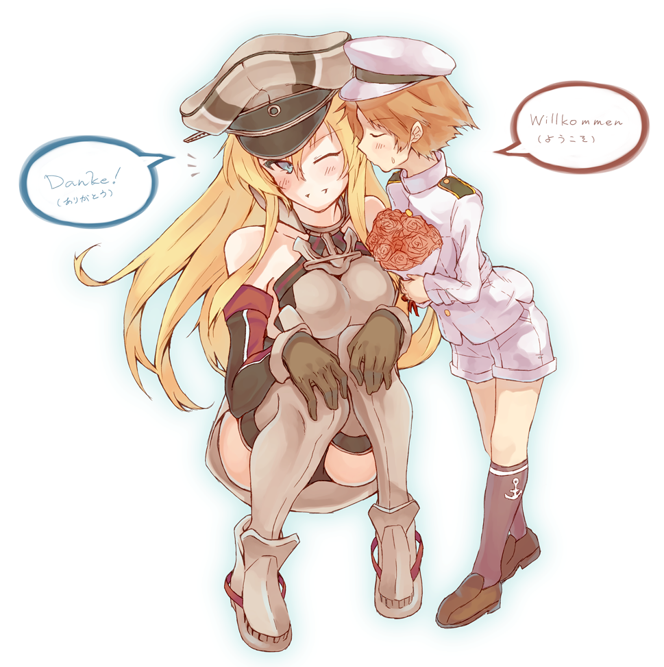 1boy, 1girl, admiral_(kantai_collection), bismarck_(kantai_collection), blue_eyes, blush, bouquet, breasts, flower, german, gloves, grey_legwear, hat, kantai_collection, kiss, long_hair, military, military_hat, military_uniform, peaked_cap, personification, shota_admiral_(kantai_collection), sweat, tenugui_(hai247), thigh-highs, translated, underwear, uniform, wink