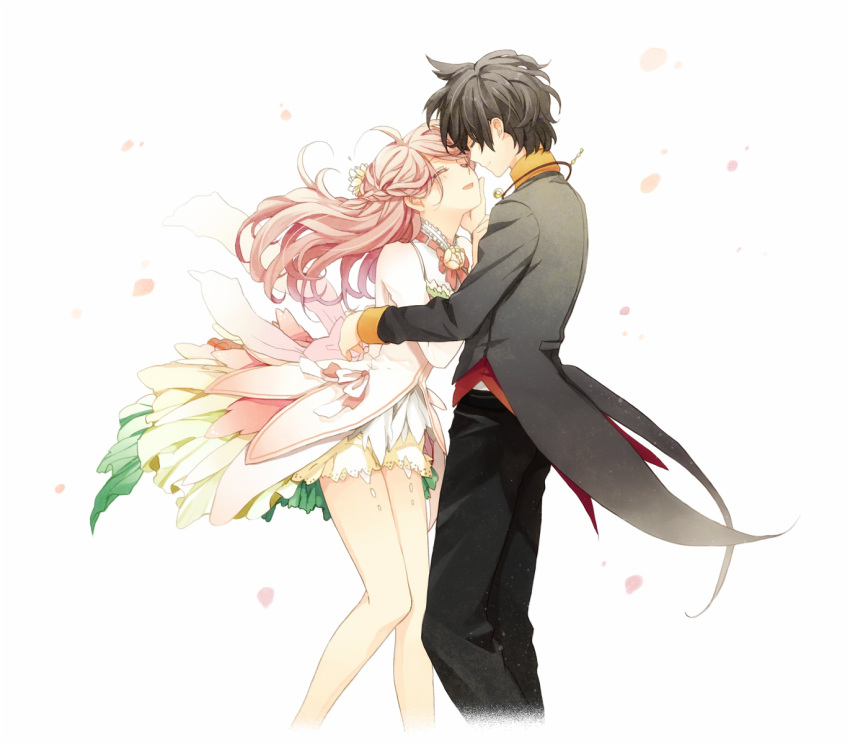 1boy, 1girl, black_hair, closed_eyes, couple, hetero, highres, long_hair, original, pink_hair, shirataki_nako, short_hair, smile