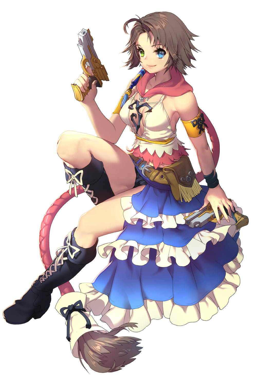 1girl, armband, belt, belt_pouch, blue_eyes, boots, brown_hair, cross-laced_footwear