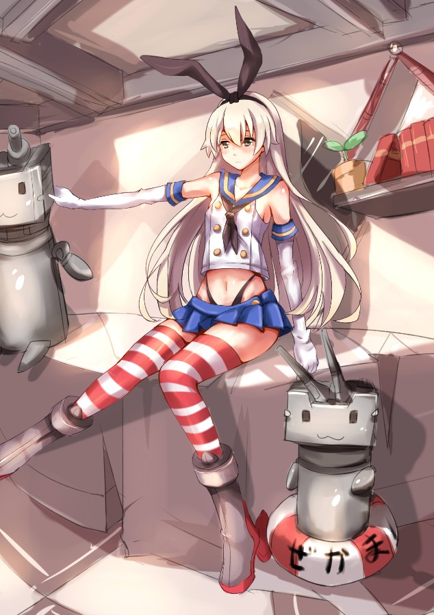 1girl, black_panties, blonde_hair, blush, boots, elbow_gloves, flat_color, gloves