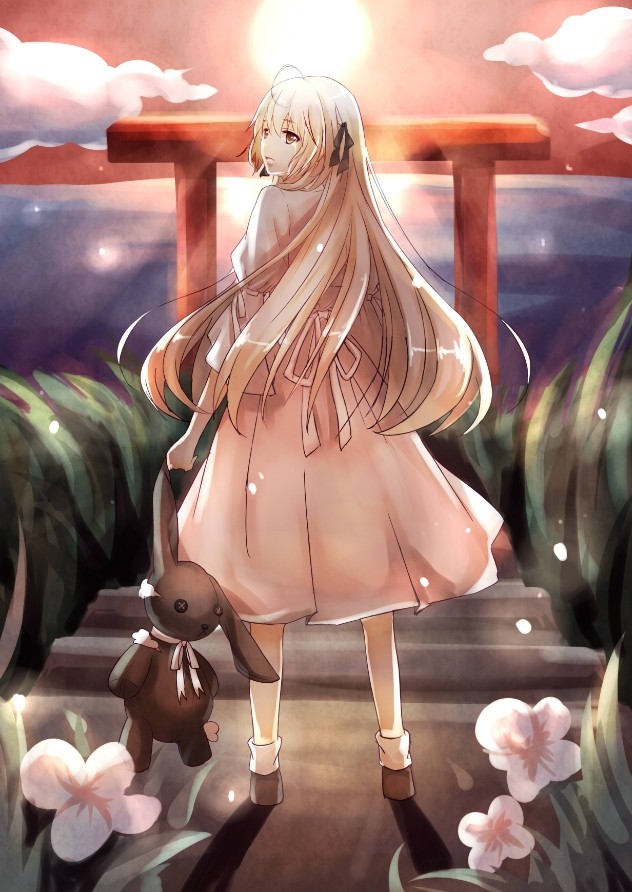 1girl, ahoge, blonde_hair, dress, flower, hair_ribbon, horizon, kasugano_sora
